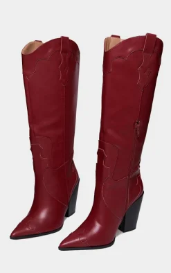 Burgundy Wide Fit PU Point Toe Knee High Heeled Western Boots