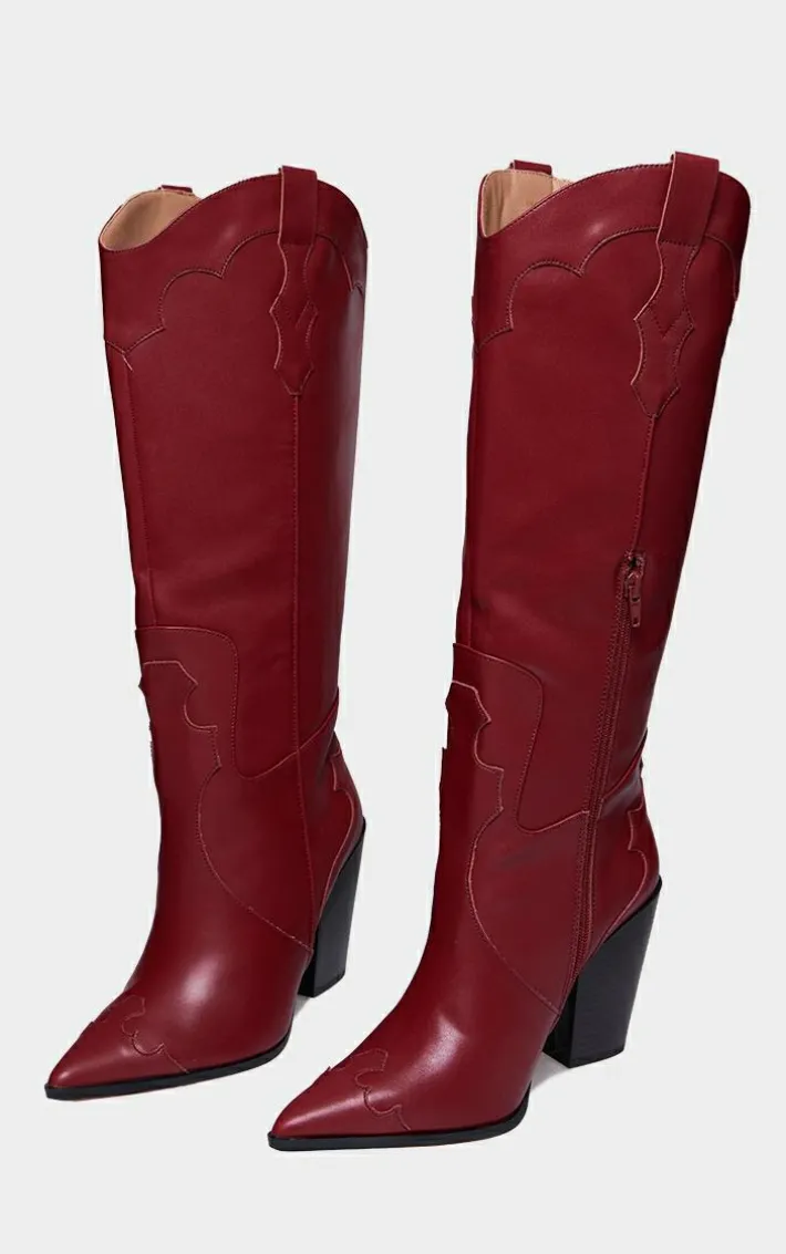 Burgundy Wide Fit PU Point Toe Knee High Heeled Western Boots