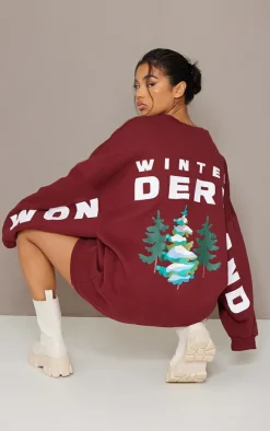 Burgundy Winter Wonderland Printed Graphic Oversized Sweat Dress
