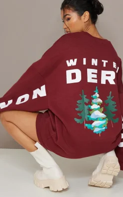 Burgundy Winter Wonderland Printed Graphic Oversized Sweat Dress