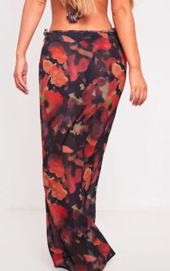 Burnt Orange Blurred Floral Print Mesh Fishtail Maxi Skirt