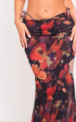 Burnt Orange Blurred Floral Print Mesh Fishtail Maxi Skirt