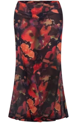 Burnt Orange Blurred Floral Print Mesh Fishtail Maxi Skirt
