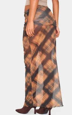 Burnt Orange Check Print Fold Over Waistband Maxi Skirt
