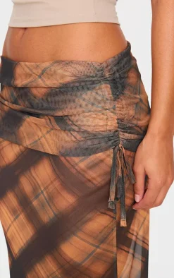 Burnt Orange Check Print Fold Over Waistband Maxi Skirt