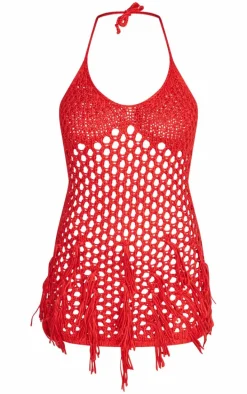 Burnt Orange Crochet Tassel Halterneck Mini Dress