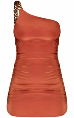 Burnt Orange Double Layer Slinky Chain Asymmetrical Bodycon Dress