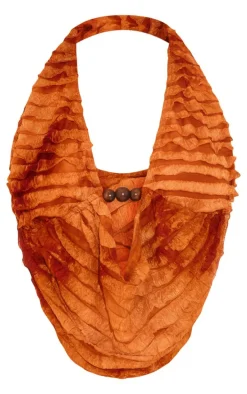 Burnt Orange Frayed Textured Halterneck Cowl Crop Top