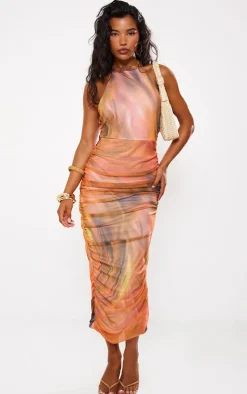 Burnt Orange Mesh Halterneck Ruched Maxi Dress