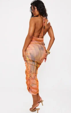 Burnt Orange Mesh Halterneck Ruched Maxi Dress
