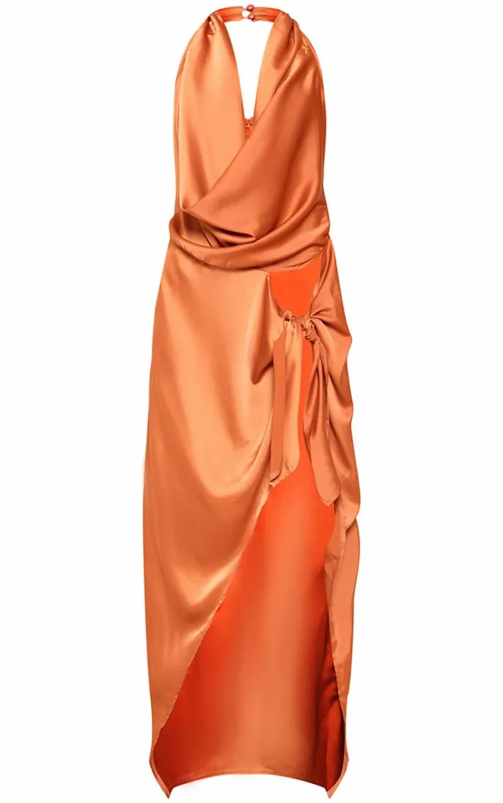 Burnt Orange Satin Extreme Cowl Ruched Front Maxi Dress