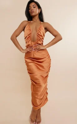 Burnt Orange Satin Plunge Ruched Midaxi Dress