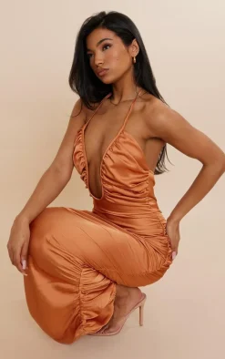Burnt Orange Satin Plunge Ruched Midaxi Dress