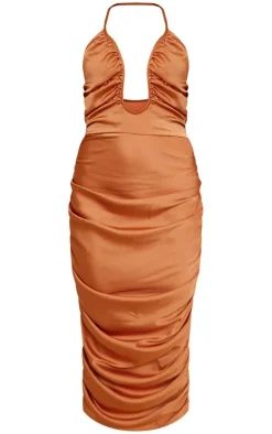 Burnt Orange Satin Plunge Ruched Midaxi Dress