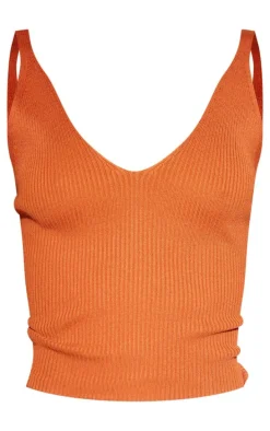 Burnt Orange Soft Rib Knit V Neck Vest