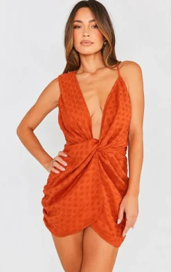 Burnt Orange Textured Plunge Knot Detail Bodycon Dress