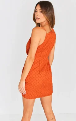 Burnt Orange Textured Plunge Knot Detail Bodycon Dress
