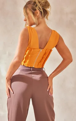 Burnt Orange Woven Lace Up Fray Detail Corset