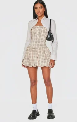 Butter Cream Contrast Pattern Shirt Detail Puffball Dress