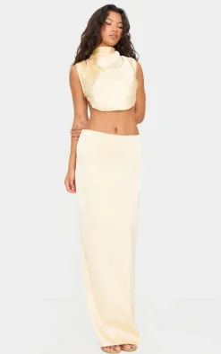 Butter Cream Satin Tie Side High Neck Cowl Crop Top