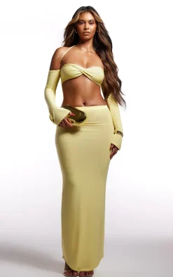 Butter Cream Slinky Twist Front Long Sleeve Bardot Top