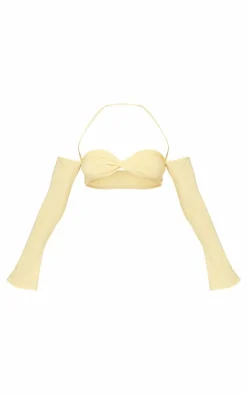 Butter Cream Slinky Twist Front Long Sleeve Bardot Top