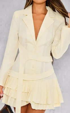 Butter Cream Tailored Woven Pleated Belt Blazer Dress