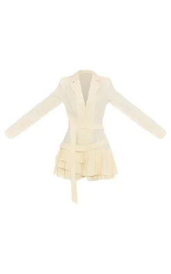 Butter Cream Tailored Woven Pleated Belt Blazer Dress