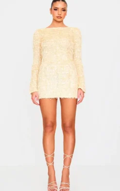 Butter Cream Textured Eyelash Long Sleeve Cowl Back Bodycon Dress