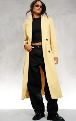 Butter Yellow Shoulder Padded Double Breasted Brushed Faux Wool Coat