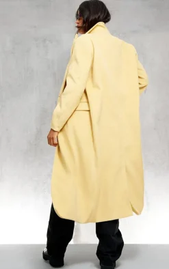 Butter Yellow Shoulder Padded Double Breasted Brushed Faux Wool Coat