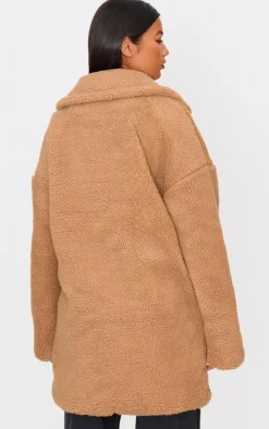 Camel Borg Lapel Drop Arm Midi Coat