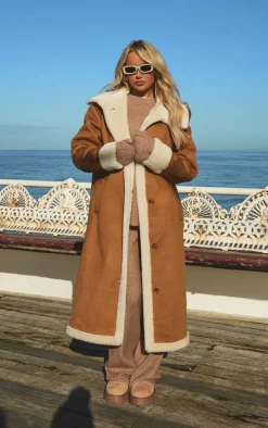 Camel Borg Lined Faux Suede Double Breasted Coat