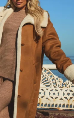Camel Borg Lined Faux Suede Double Breasted Coat