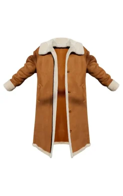 Camel Borg Lined Faux Suede Double Breasted Coat