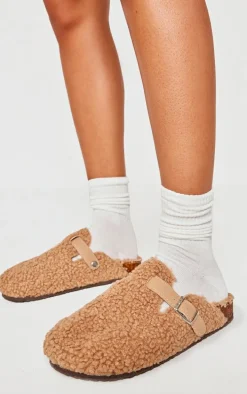 Camel Borg Round Toe Buckle Mule Clogs