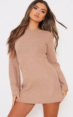 Camel Brushed Rib Flared Sleeve Shift Dress