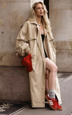 Camel Cargo Pocket Detail Oversized Trench Coat