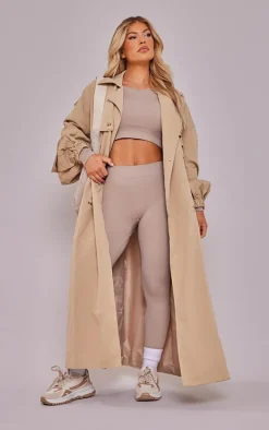 Camel Cargo Pocket Detail Oversized Trench Coat