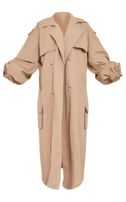 Camel Cargo Pocket Detail Oversized Trench Coat