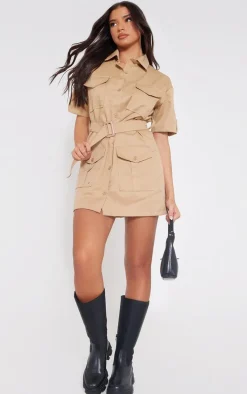 Camel Cargo Shirt Sleeve Belted Shirt Dress
