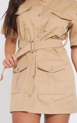 Camel Cargo Shirt Sleeve Belted Shirt Dress