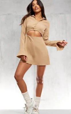 Camel Collar Detail Cut Out Flare Sleeve Shift Dress