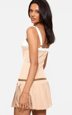 Camel Contrast Bust Detail Pleated Skirt Bodycon Dress