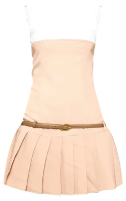 Camel Contrast Bust Detail Pleated Skirt Bodycon Dress