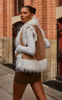 Camel Faux Fur Trim Faux Suede Vest