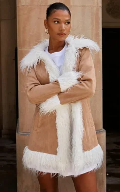 Camel Faux Fur Trim Faux Suede Coat