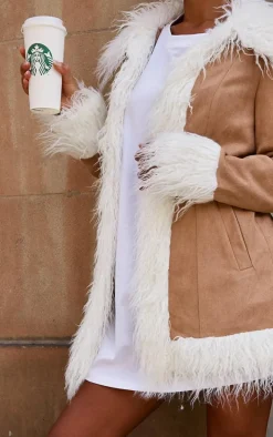 Camel Faux Fur Trim Faux Suede Coat