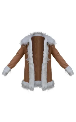 Camel Faux Fur Trim Faux Suede Coat
