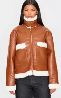 Camel Faux Fur Trim Faux Leather Aviator Jacket